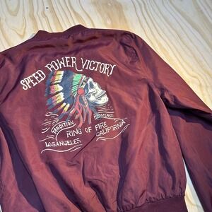 Ring of Fire Mens Medium Burgundy Speed Power Victory Skull Bomber Jacket